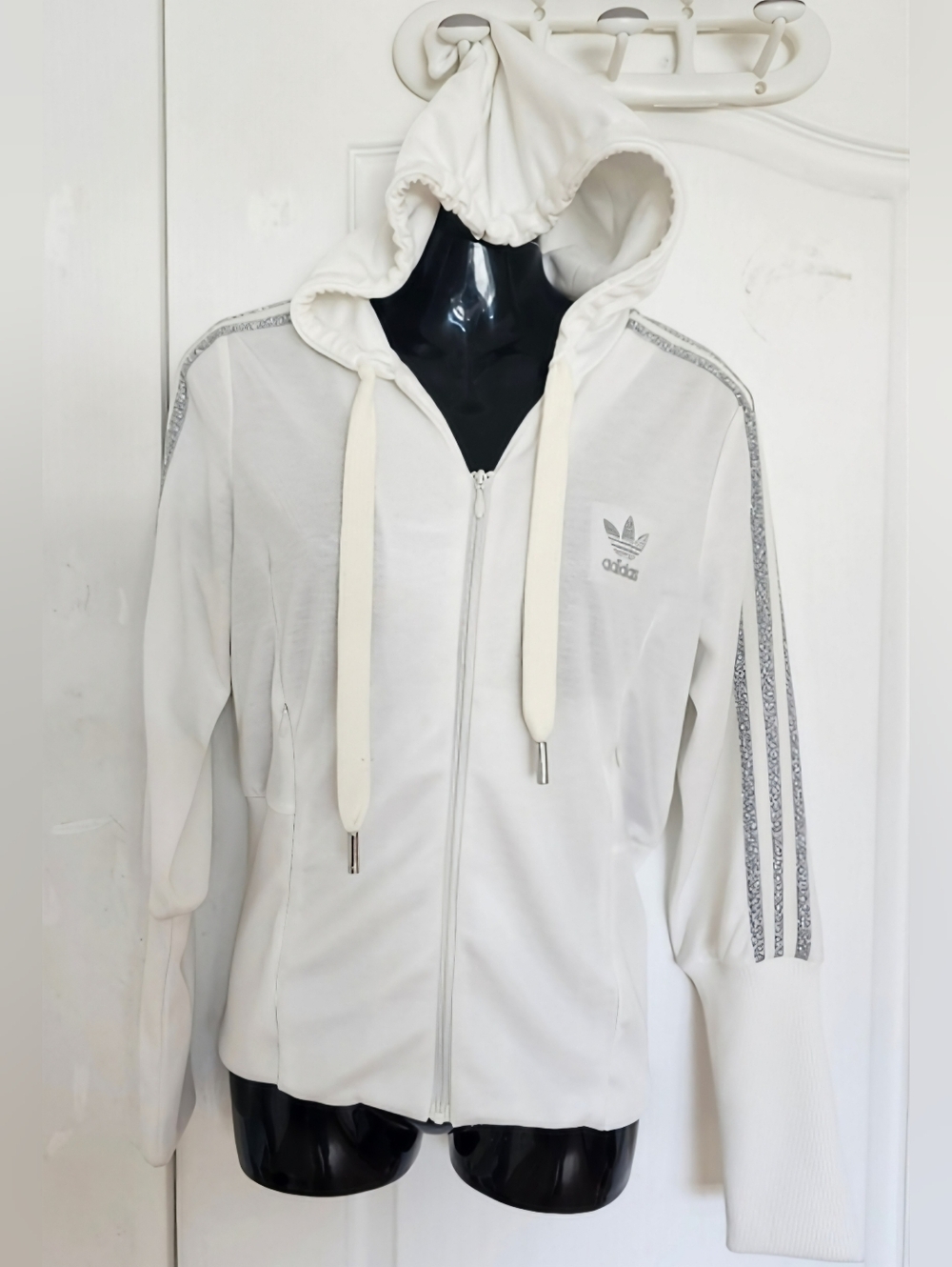 Adidas White Vintage Silver Tri-Fold Zip-Up Drawstring Zip Hoodie Size Med